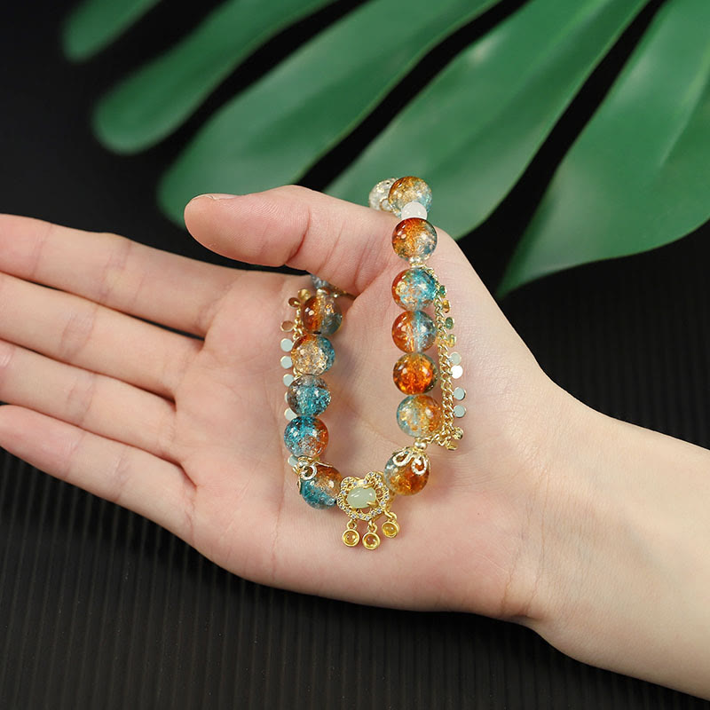 Nimara Ritual Colorful Liuli Glass Bead Chinese Lock Charm Fortune Bracelet