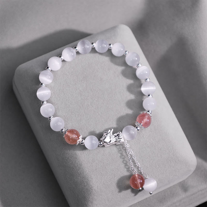 Nimara Ritual Natural Cat's Eye Moonstone Strawberry Quartz PiXiu Support Bracelet