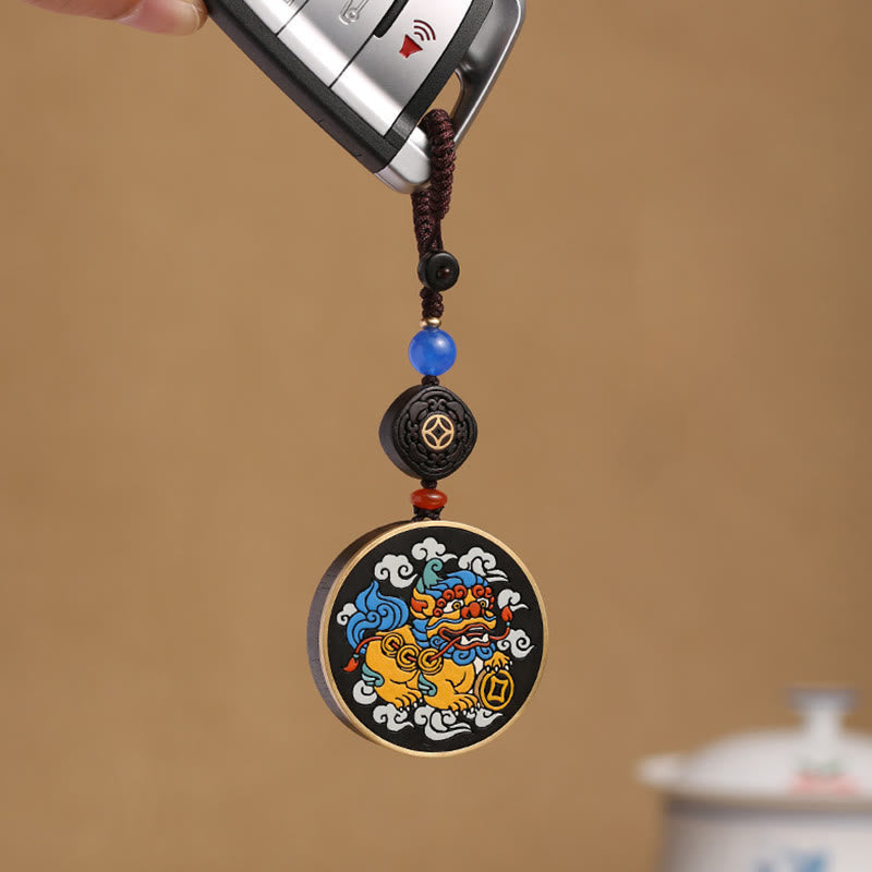 Nimara Ritual PiXiu Copper Coin Ebony Wood Luck Attract Wealth Key Chain Decoration