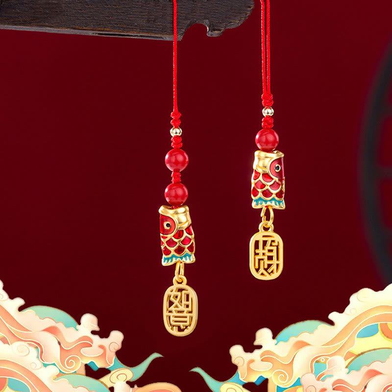 Nimara Ritual Koi Fish Cinnabar Attracting Wealth Wish Ruyi Charm Luck Phone Hanging Decoration