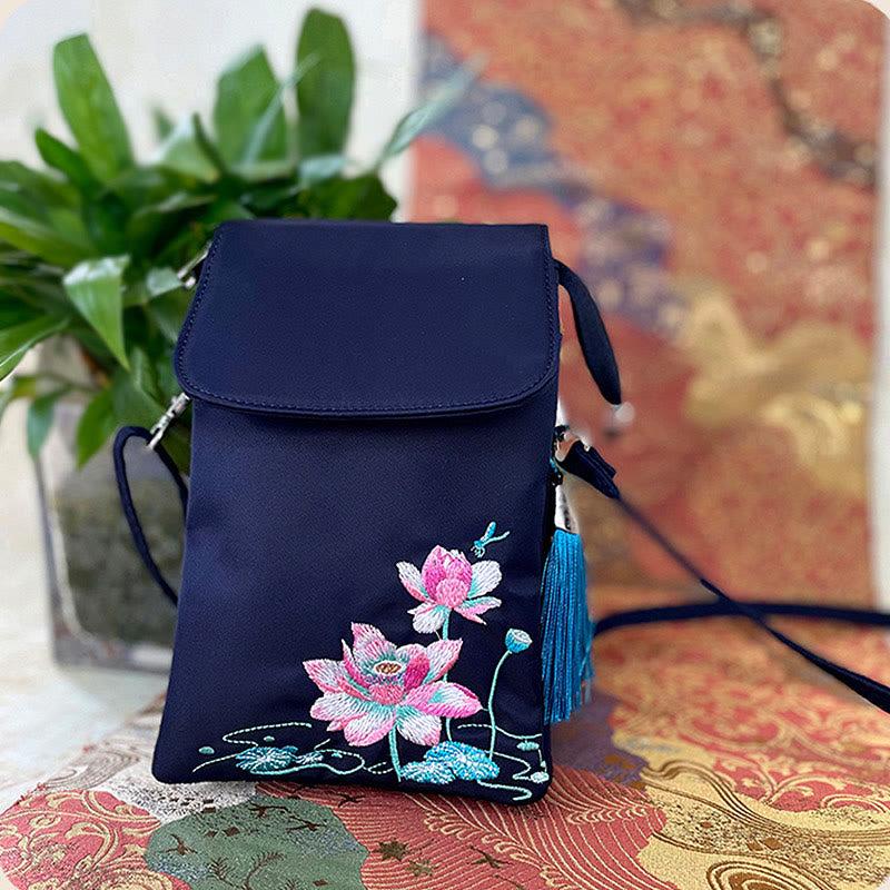 Nimara Ritual Waterproof Handmade Embroidered Lotus Flowers Crossbody Bag Shoulder Bag Cellphone Bag