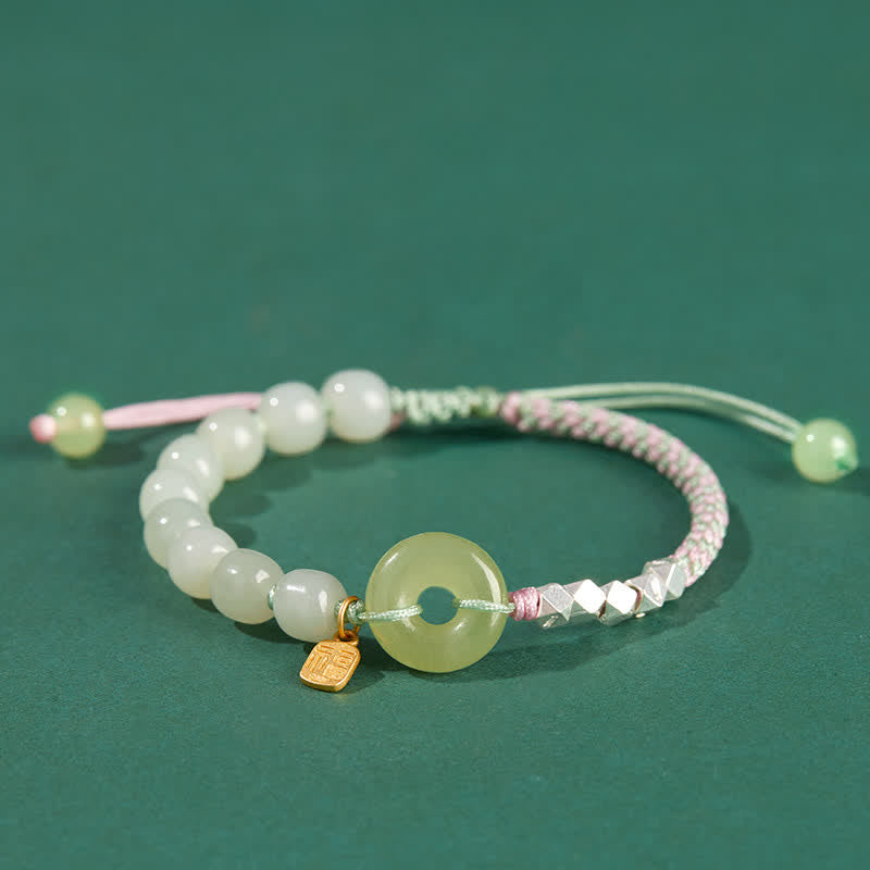 Nimara Ritual 925 Sterling Silver Hetian Jade Peace Buckle Beaded Luck Happiness Charm Bracelet