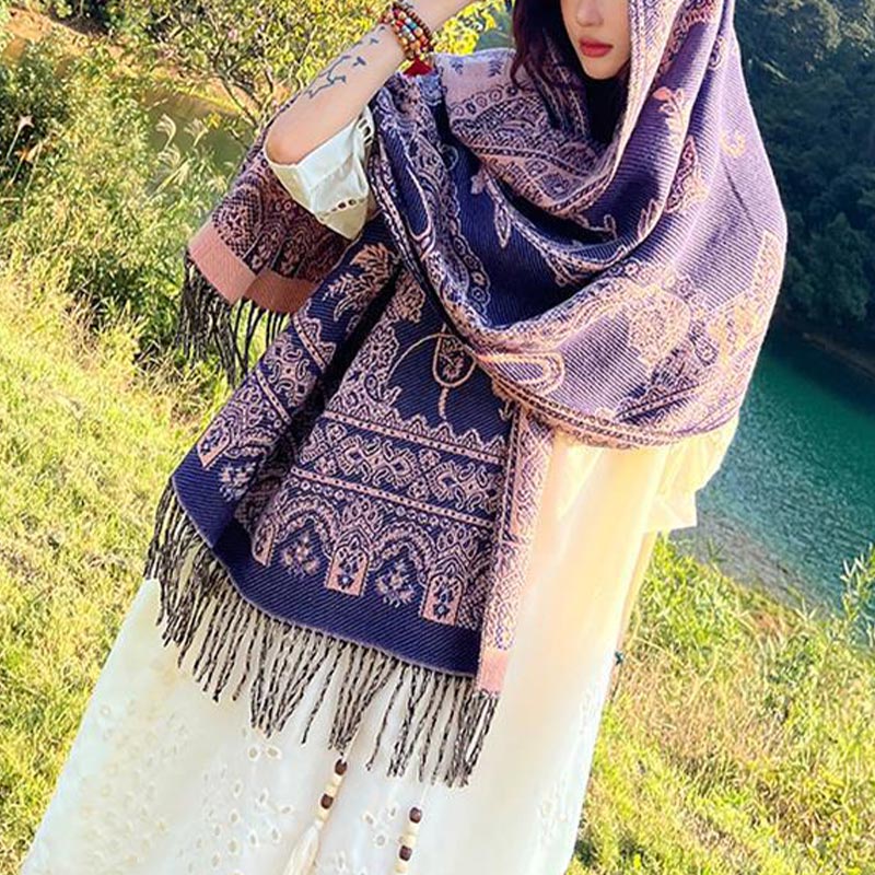 Nimara Ritual Vintage Tibetan Leaves Pattern Design Shawl Cozy Travel Scarf Wrap