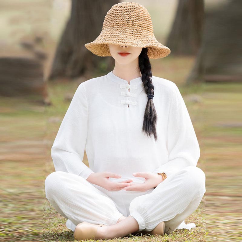 Nimara Ritual 2Pcs Plain Design Top Pants Meditation Yoga Zen Tai Chi Cotton Linen Clothing Women's Set