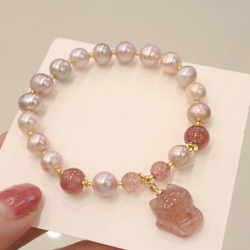 Nimara Ritual Natural Pearl Strawberry Quartz Cute Fox Love Healing Charm Bracelet