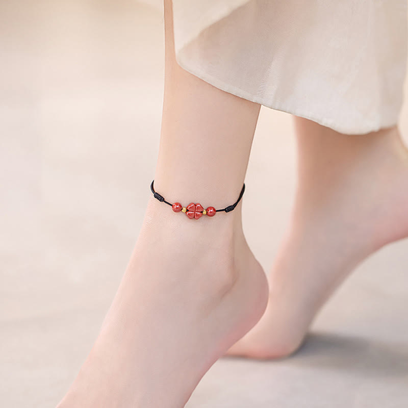 Nimara Ritual Four Leaf Clover Cinnabar Blessing Calm String Bracelet Anklet