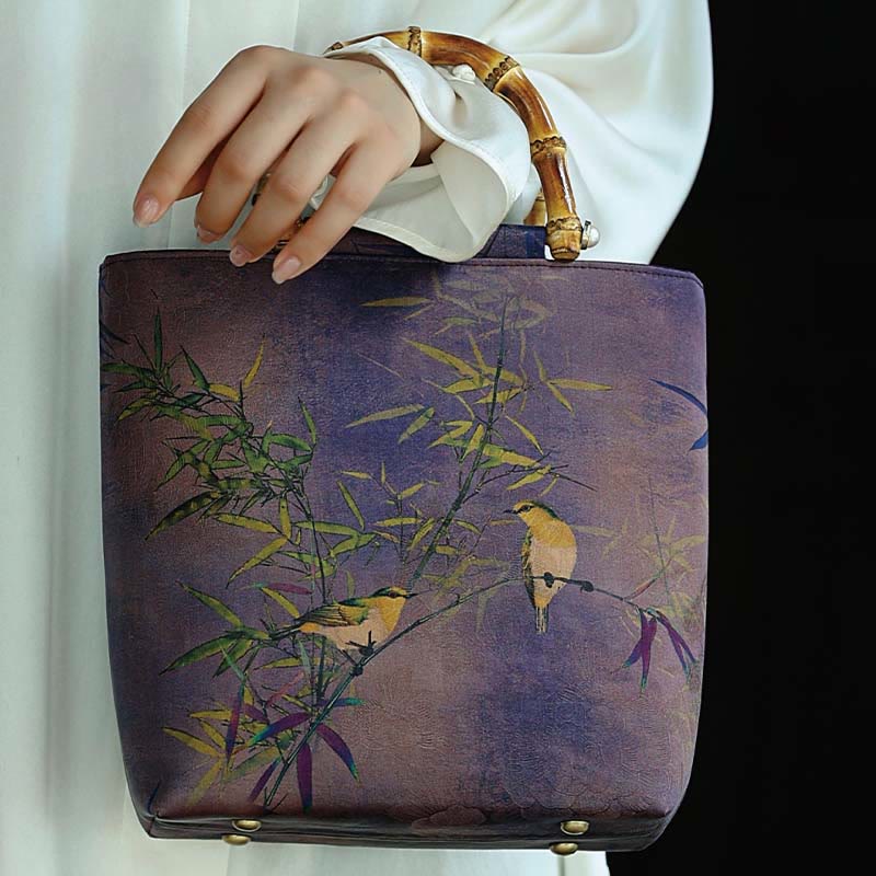 Nimara Ritual Purple Magpie Birds Branches Bamboo Handles Handbag