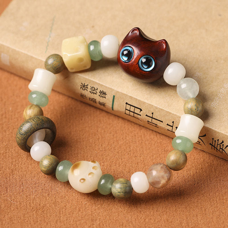 Nimara Ritual Bodhi Seed Green Sandalwood Ebony Wood Small Leaf Red Sandalwood Cat Head Paw Claw Peace Bracelet