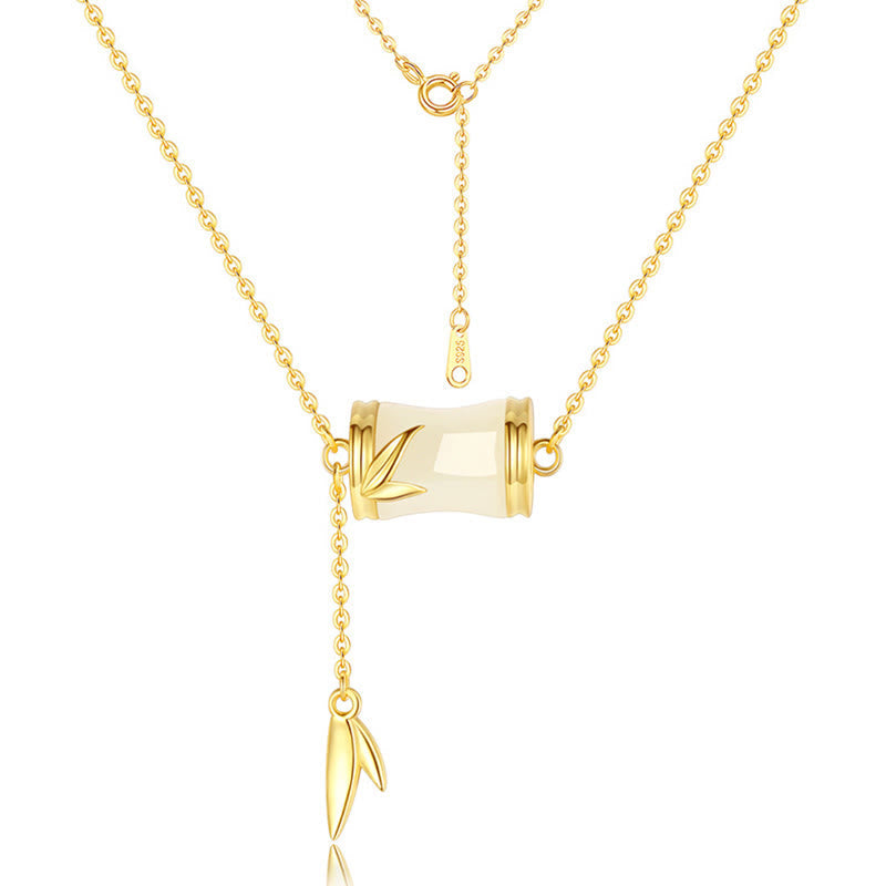 Nimara Ritual 925 Sterling Silver 22K Gold Hetian White Jade Bamboo Leaf Luck Necklace Pendant Bracelet