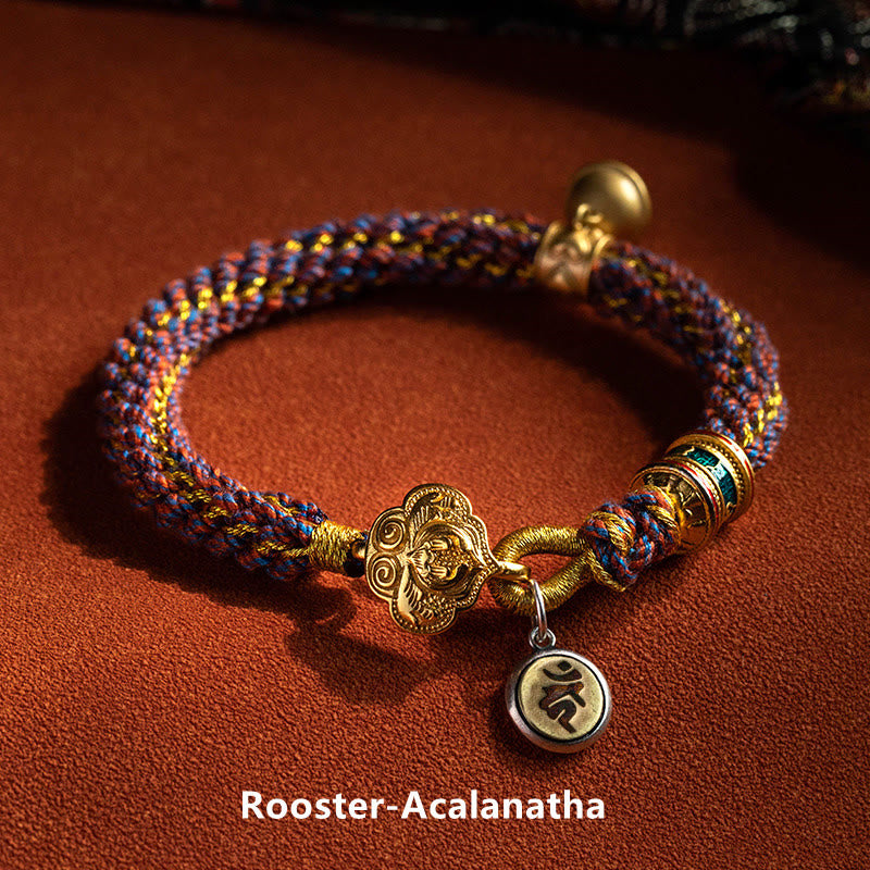 Nimara Ritual 925 Sterling Silver Chinese Zodiac Natal Buddha Om Mani Padme Hum Luck Bell Braided String Bracelet