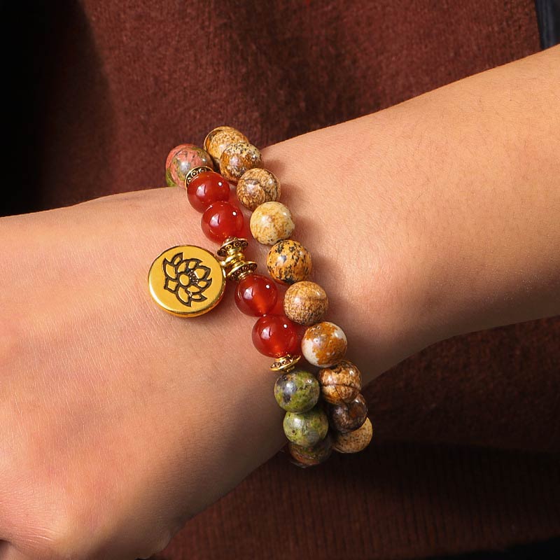 Nimara Ritual Tibetan Picture Jasper Positive Lotus Bracelet Set
