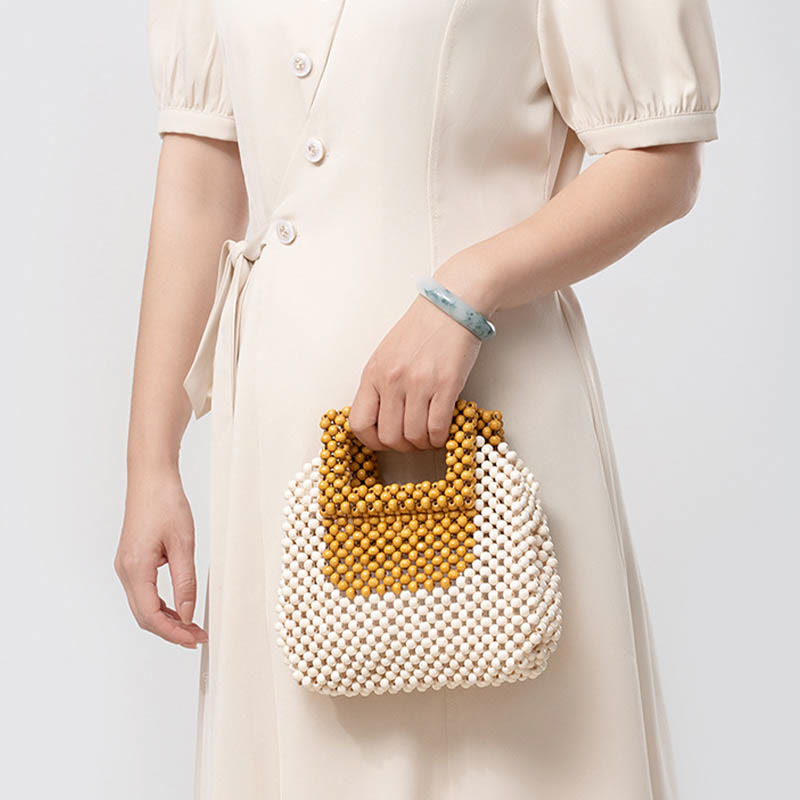 Nimara Ritual Hand-woven Wooden Beads Square Tote Handbag