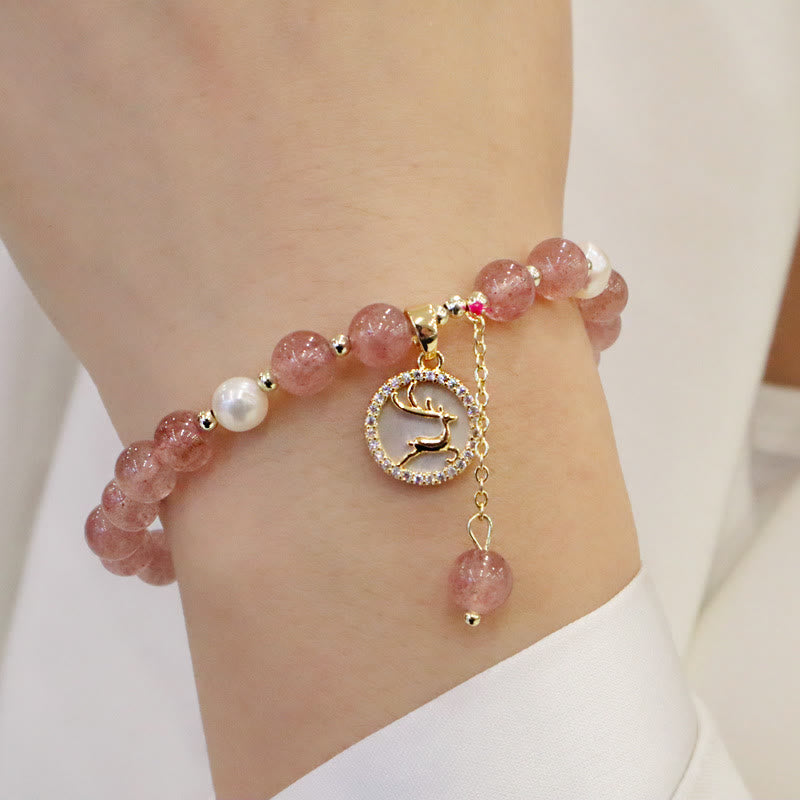 Nimara Ritual Strawberry Quartz Pearl Elk Smiley Face Fishtail Fu Character Charm Healing Bracelet