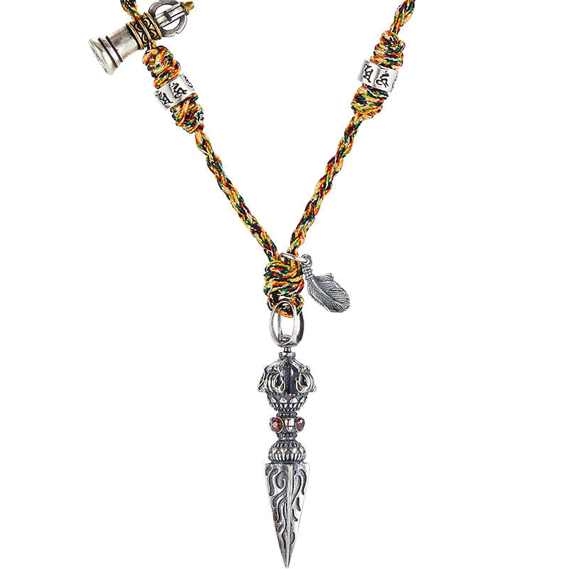 Nimara Ritual Tibetan Handmade 925 Sterling Silver Dorje Vajra Om Mani Padme Hum Feather Strength Necklace Pendant