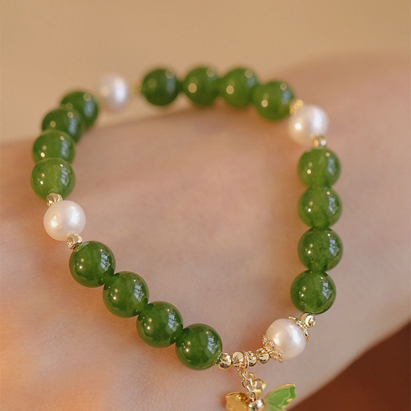 Nimara Ritual Natural Green Chalcedony Pearl Butterfly Courage Strength Bracelet