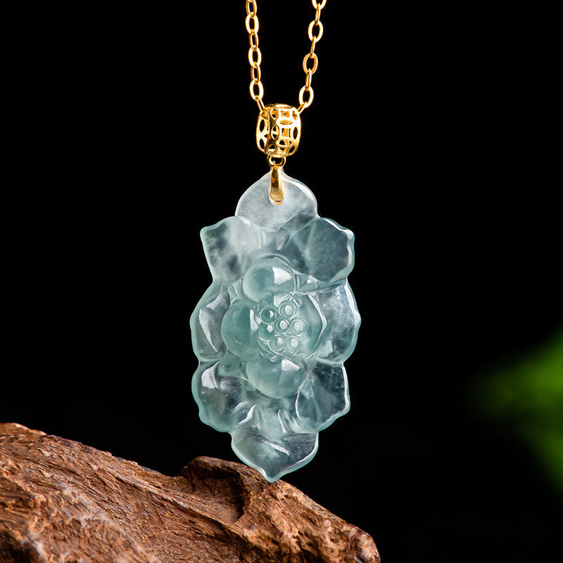 Nimara Ritual Natural Jade Lotus Pattern Prosperity Titanium Steel Chain Necklace Pendant