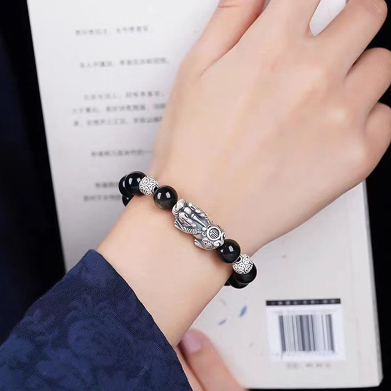 Nimara Ritual 925 Sterling Silver Natural Gold Sheen Obsidian PiXiu Wealth Protection Bracelet