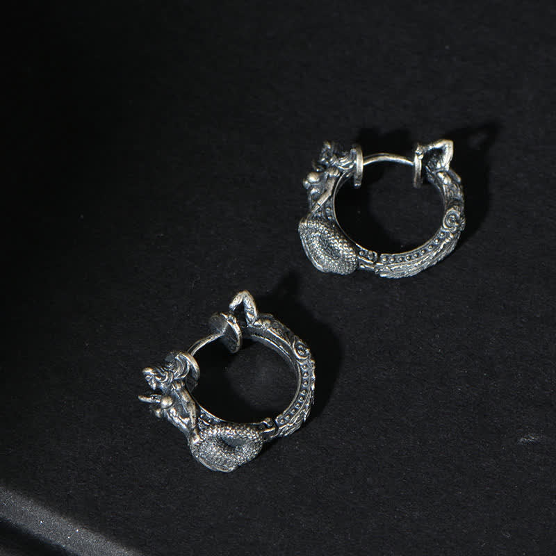 Nimara Ritual 925 Sterling Silver Dragon Hoop Pattern Protection Earrings
