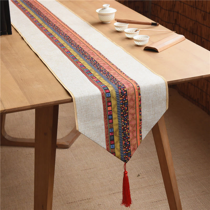 Nimara Ritual Classic Chinese Style Lotus Koi Fish Flower Crane Calligraphy Enlightenment Cotton Linen Tassels Table Runner