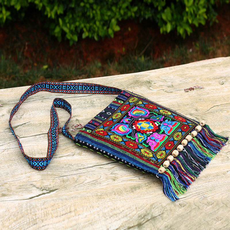 Nimara Ritual Tibetan Handmade Embroidered Camellia Canvas Shoulder Bag Crossbody Bag