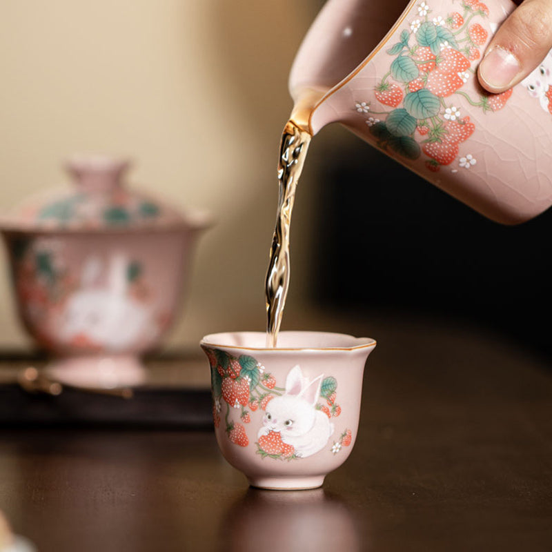 Nimara Ritual Cute Strawberry Rabbit Flower Ceramic Teacup Kung Fu Tea Cup 55ml