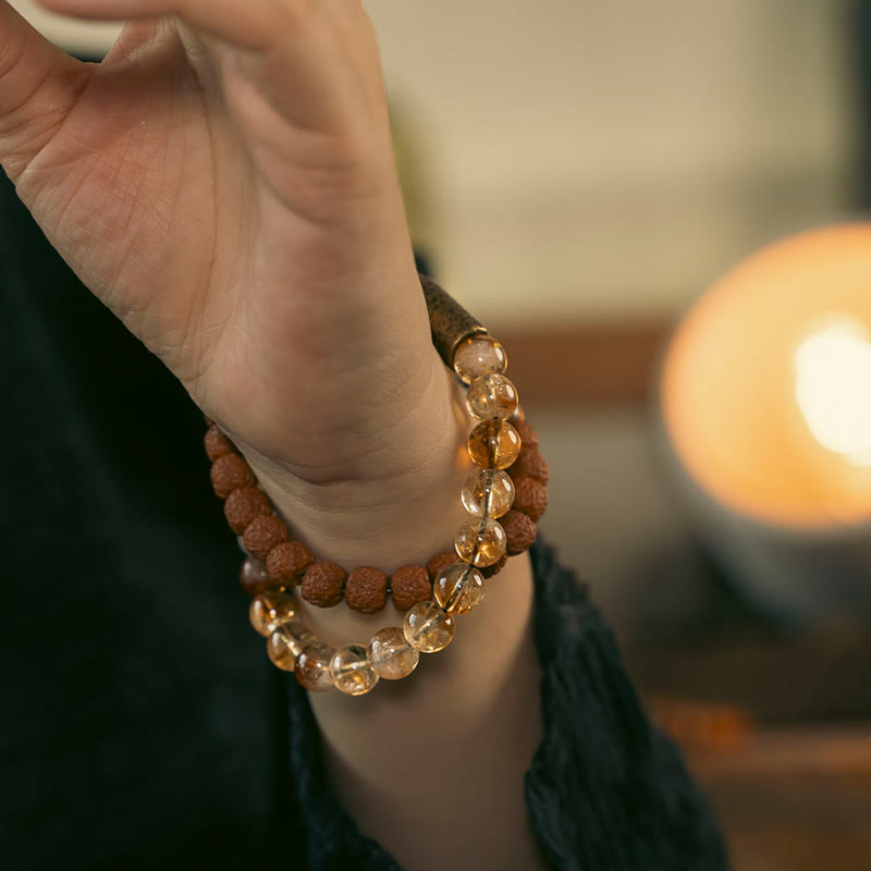 Nimara Ritual Natural Citrine Crystal Rudraksha Bodhi Seed Brass Bead Prosperity Double Wrap Bracelet