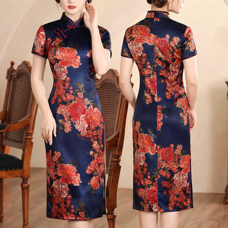Nimara Ritual Retro Flower Lotus Peony Feather Print Qipao Dress Women's Cheongsam Dress