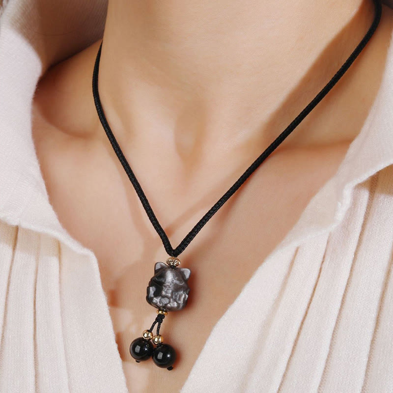 Nimara Ritual Natural Silver Sheen Obsidian Nine Tailed Fox Protection Necklace Pendant