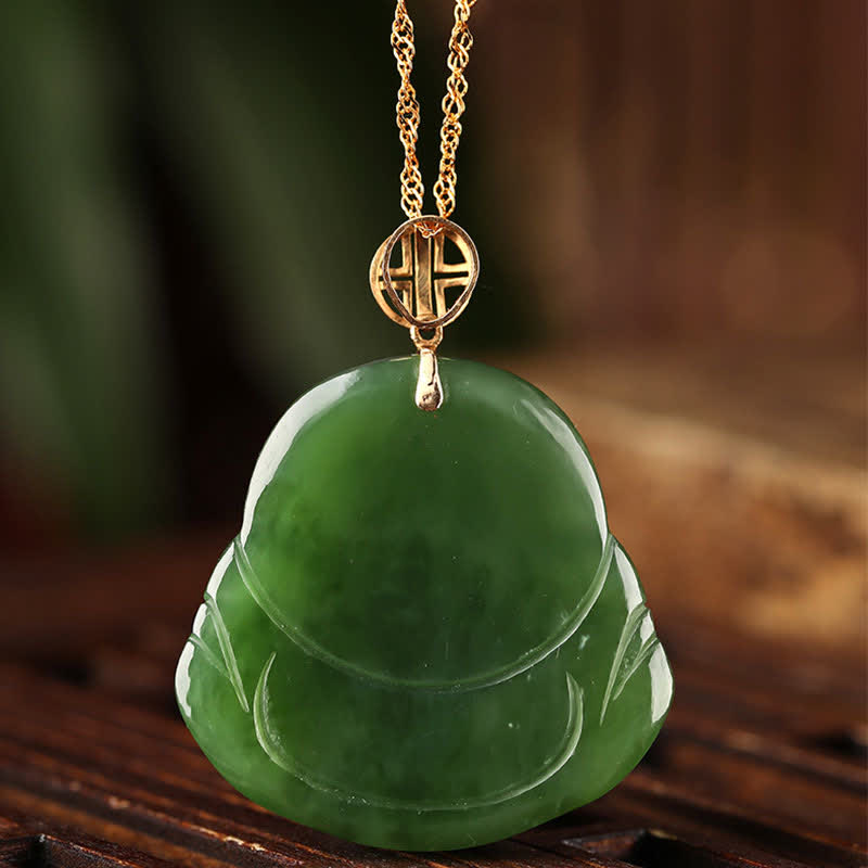 Nimara Ritual 925 Sterling Silver Laughing Buddha Hetian Cyan Jade 18K Gold Success Necklace Chain Pendant
