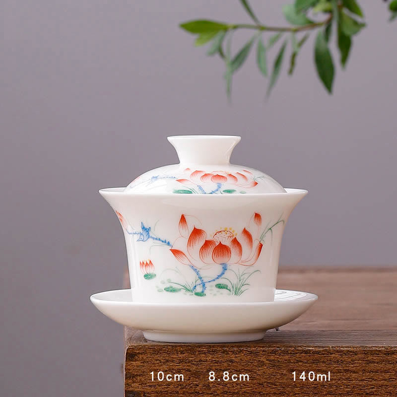 Nimara Ritual White Porcelain Mountain Landscape Countryside Ceramic Gaiwan Teacup Kung Fu Tea Cup And Saucer With Lid