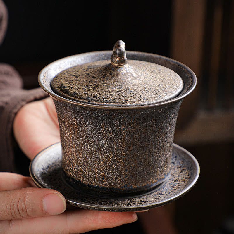 Nimara Ritual Retro Rust Glaze Ceramic Gaiwan Sancai Teacup Kung Fu Tea Cup And Saucer With Lid
