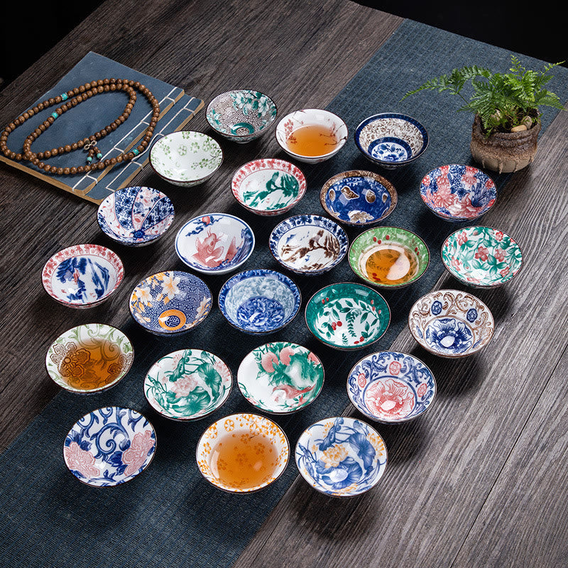 Nimara Ritual Flowers Fu Character Mountains Lotus Cherry Blossoms Ceramic Teacup Kung Fu Tea Cup