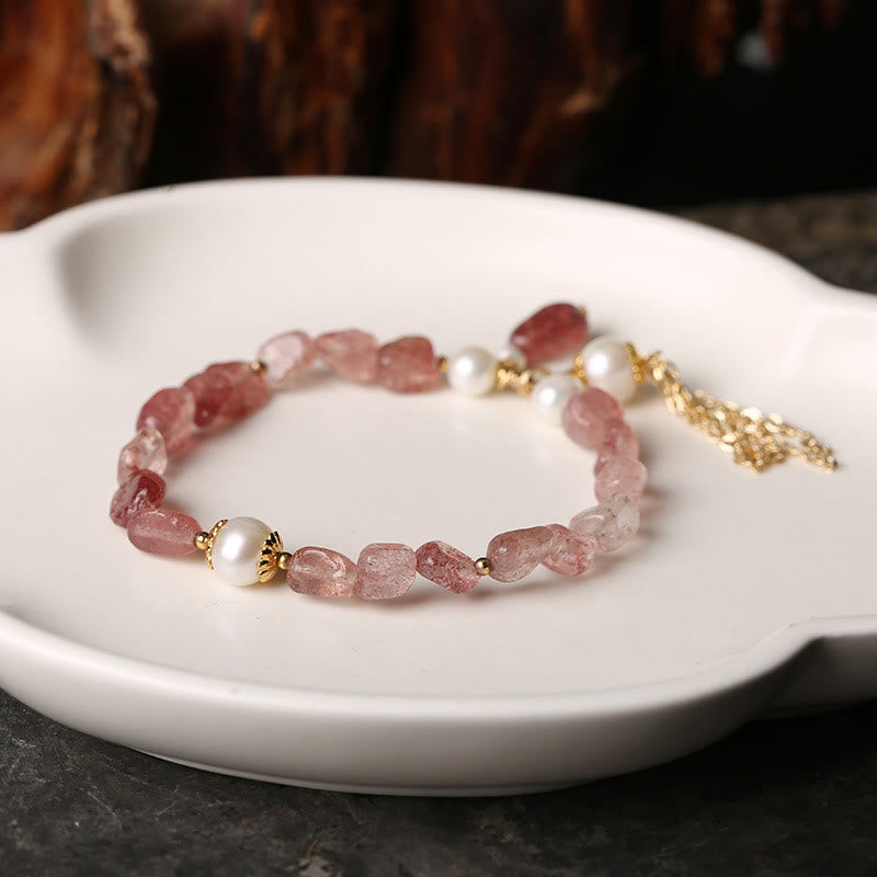 Nimara Ritual Natural Strawberry Quartz Pearl 14k Gold Plated Love Healing Bracelet