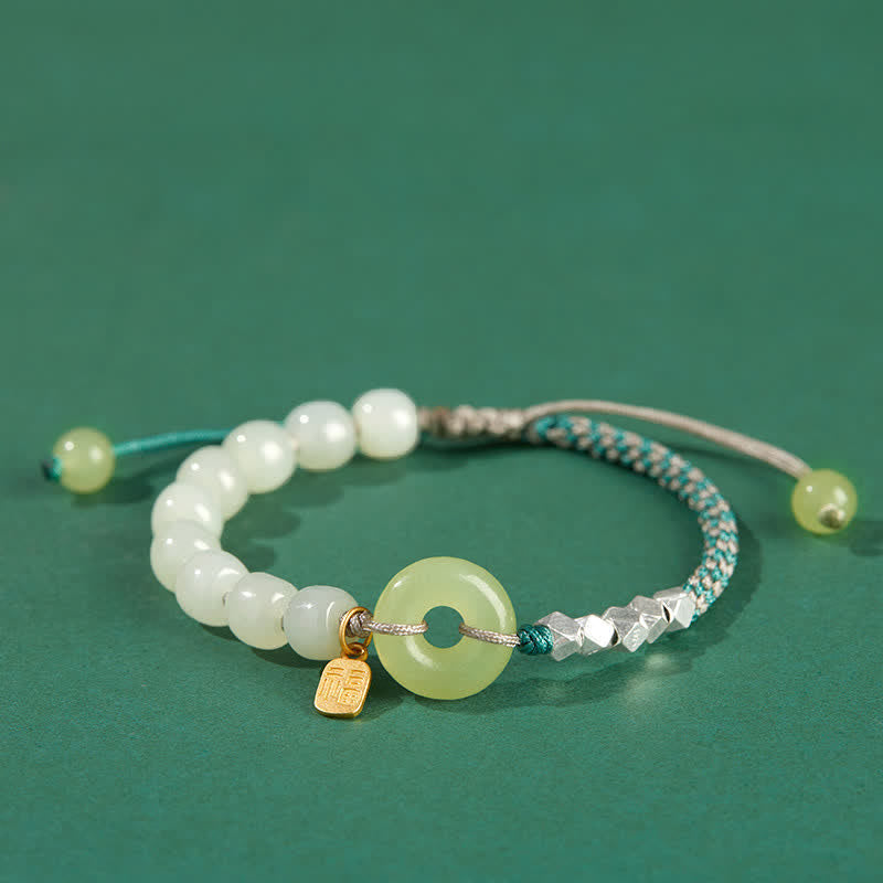 Nimara Ritual 925 Sterling Silver Hetian Jade Peace Buckle Beaded Luck Happiness Charm Bracelet