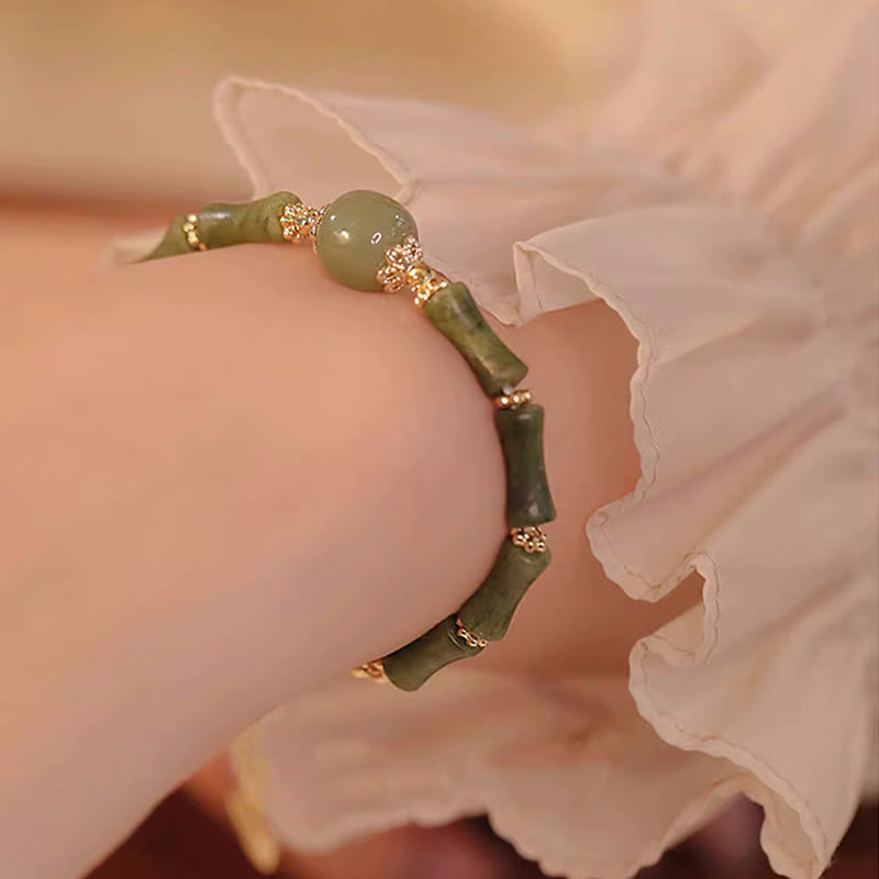 Nimara Ritual 14K Copper Plated Peridot Hetian Jade Bamboo Pattern Luck Bracelet