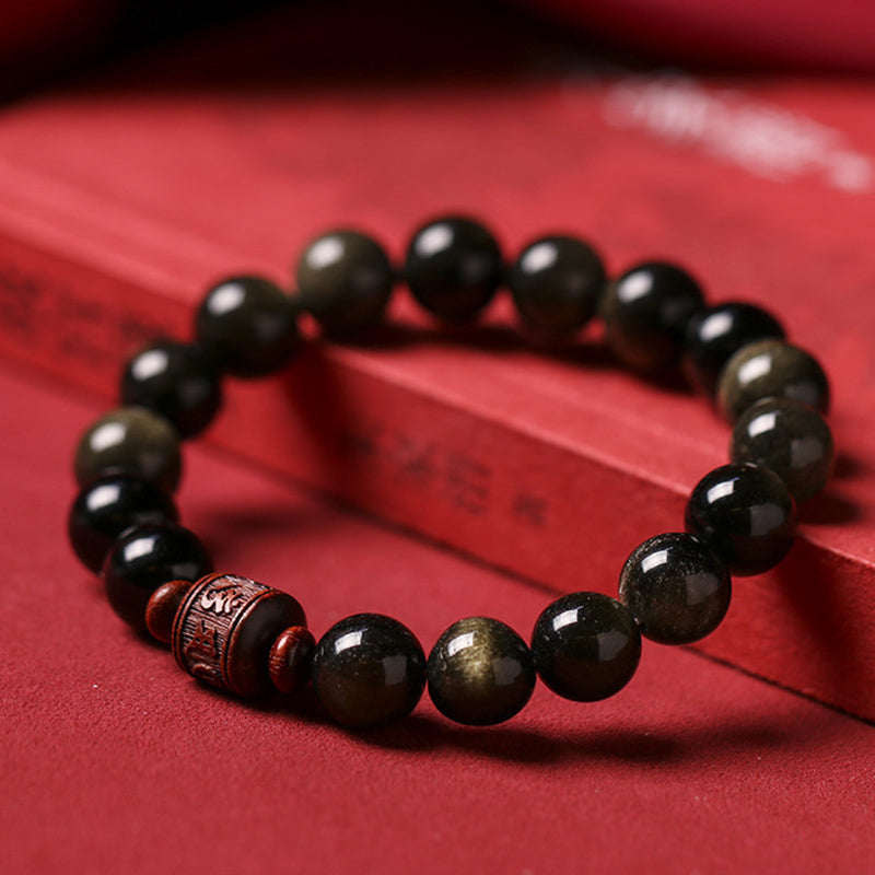 Nimara Ritual Natural Gold Sheen Obsidian Rainbow Obsidian Om Mani Padme Hum Fu Character Healing Bracelet