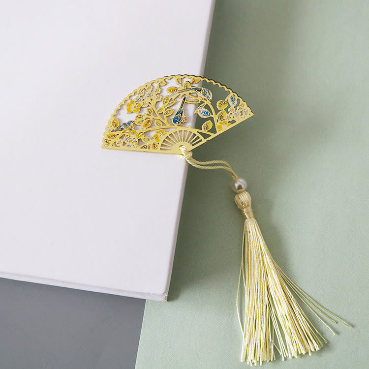 Nimara Ritual Traditional Butterfly Lotus Flower Crane Dragon Phoenix Fox Koi Fish New Beginning Metal Brass Hollow Fan Bookmarks