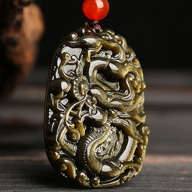 Nimara Ritual Gold Sheen Obsidian Dragon Pattern Success Necklace Pendant