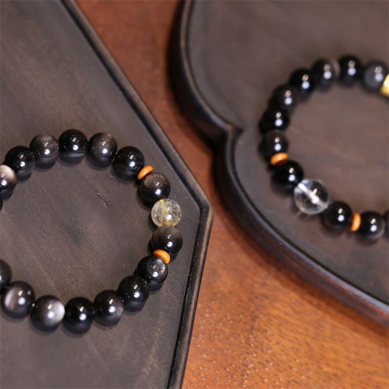 Nimara Ritual Natural Silver Sheen Obsidian Crystal Om Mani Padme Hum Bead Protection Bracelet