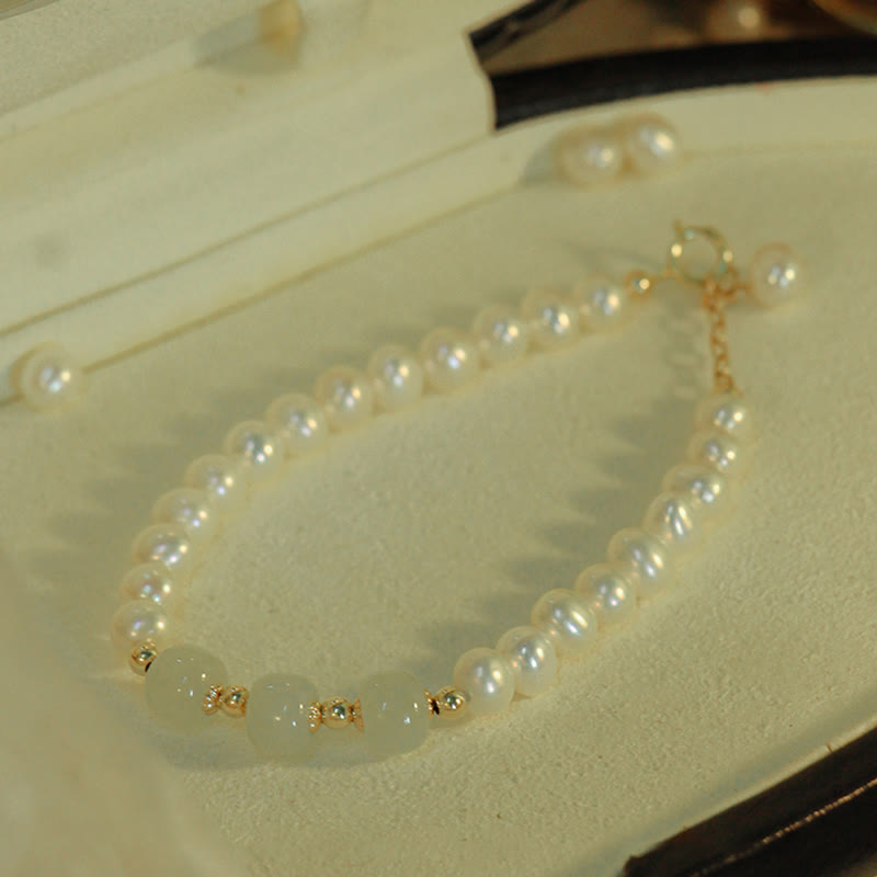 Nimara Ritual 14K Gold Plated Natural Pearl Hetian Cyan Jade White Jade Sincerity Bead Chain Bracelet