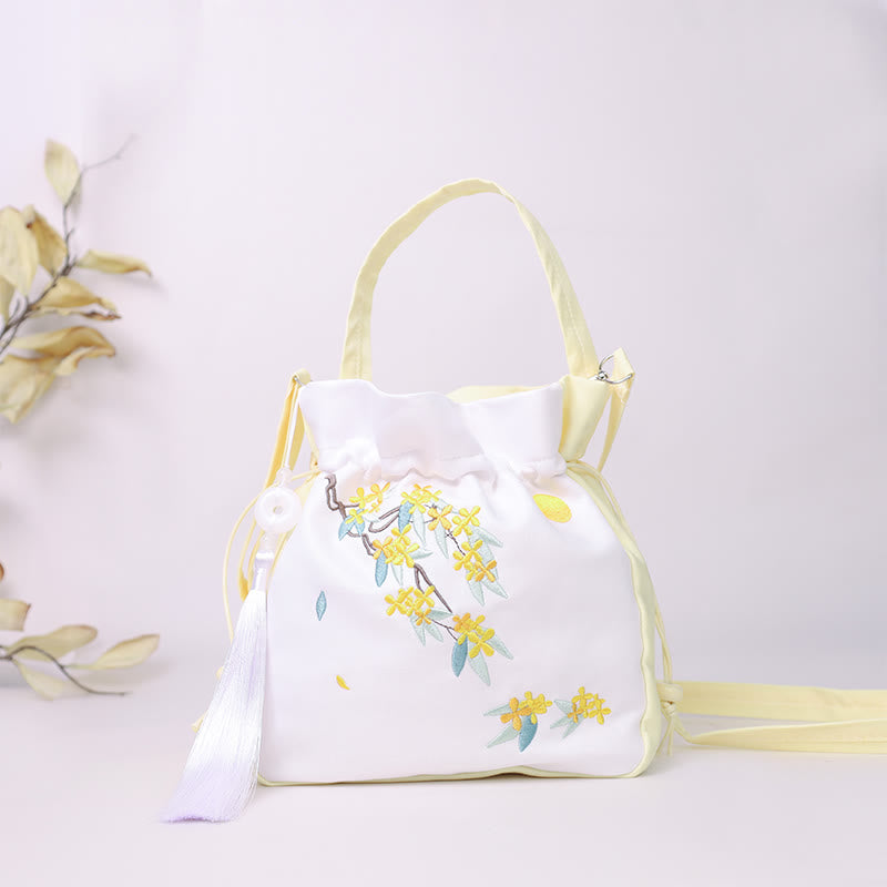 Nimara Ritual Embroidered Osmanthus Peony Grape Cat Cotton Linen Tote Crossbody Bag Shoulder Bag Handbag