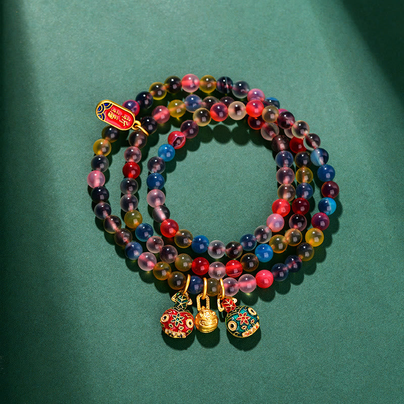Nimara Ritual Colorful Candy Agate Gold Swallowing Beast Family Strength Charm Triple Wrap Bracelet