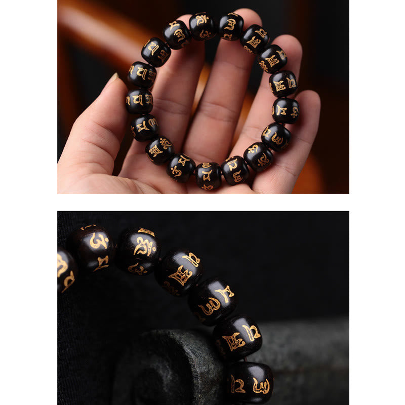 Nimara Ritual Tibetan Ebony Wood Om Mani Padme Hum Engraved Peace Bracelet
