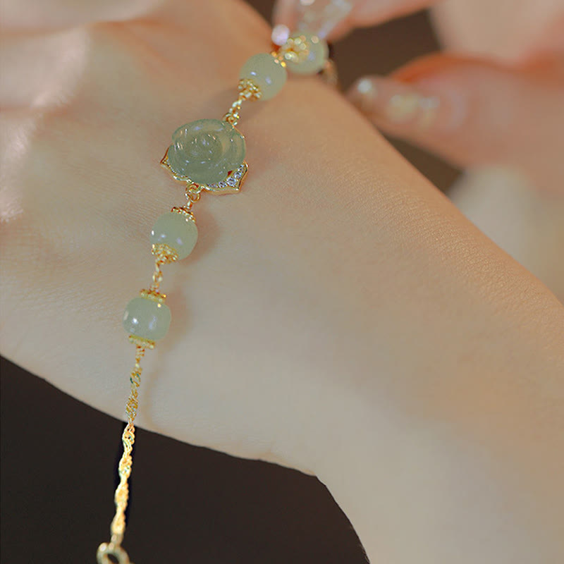 Nimara Ritual 14K Gold Plated Hetian Jade Rose Flower Luck Chain Bracelet