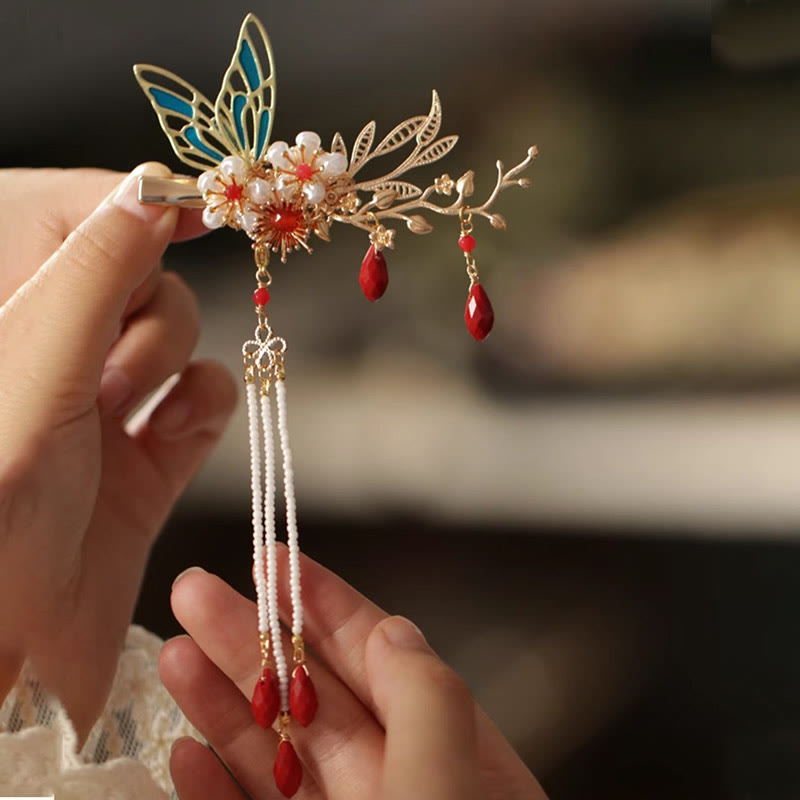 Nimara Ritual Classical Chinese Style Flower Branche Butterfly Pearl Tassel Hair Clip Hair Comb Hair Crown