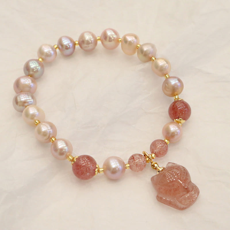 Nimara Ritual Natural Pearl Strawberry Quartz Cute Fox Love Healing Charm Bracelet