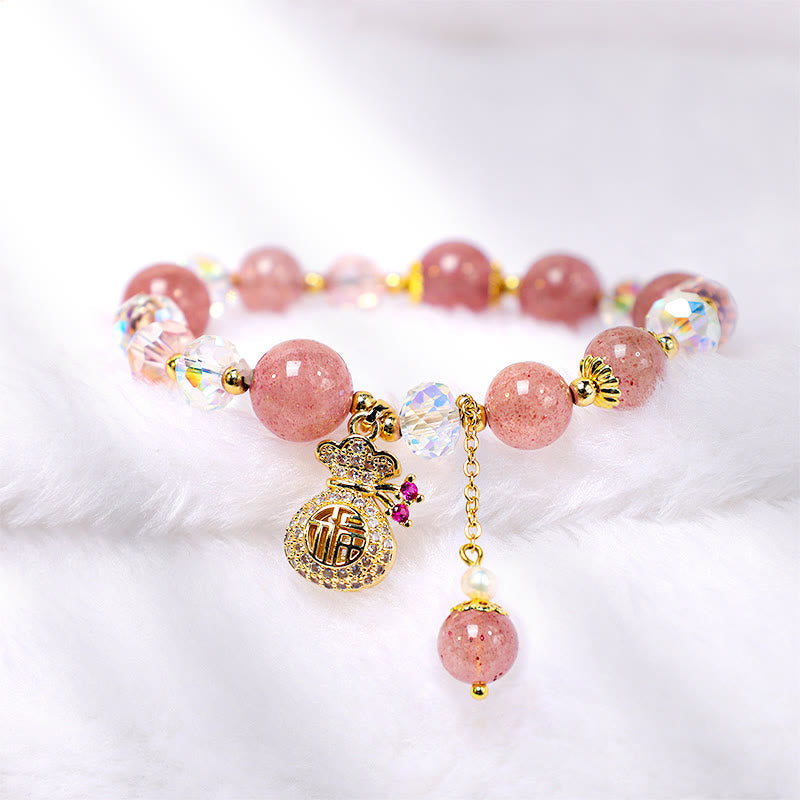 Love Healing Natural Strawberry Quartz Money Bag Charm Positive Bracelet