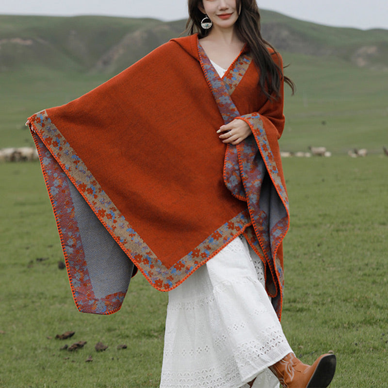 Nimara Ritual Tibetan Shawl Border Small Floral Flower Hooded Cloak Winter Cozy Travel Scarf Wrap