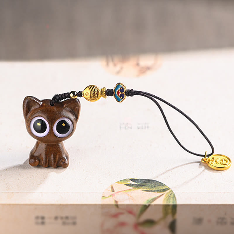 Nimara Ritual Green Sandalwood Lucky Cat Koi Fish Cure Key Chain Phone Hanging Decoration