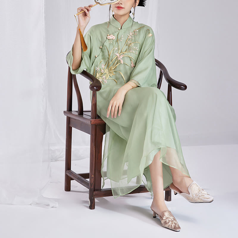 Nimara Ritual 100% Mulberry Silk 6 Momme Dress Vintage Flower Butterfly Embroidery Qipao Dress Women's Cheongsam Dress
